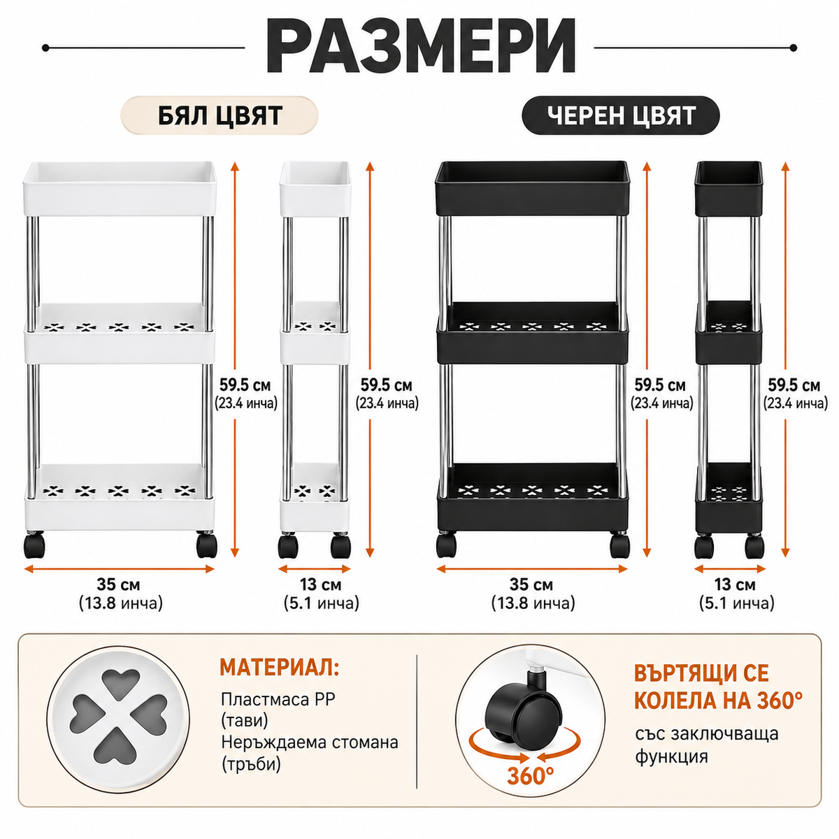 Подвижна Етажерка на Колелца с 3 нива