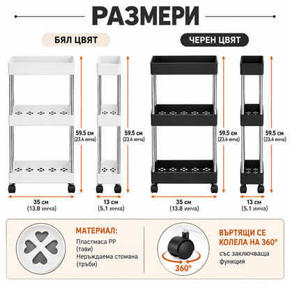 Подвижна Етажерка на Колелца с 3 нива