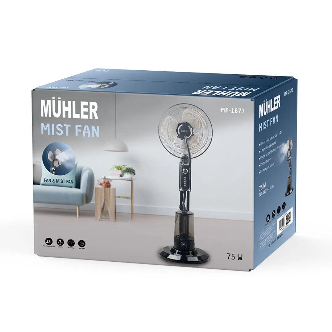 Вентилатор с водна мъгла MUHLER 16″, 75W, 3.2 л резервоар, 3 скорости, таймер