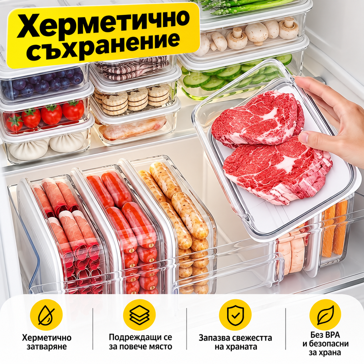 Комплект от 10 БРОЯ Херметични Кутии за Съхранение на Храна с Капаци – 1200 мл