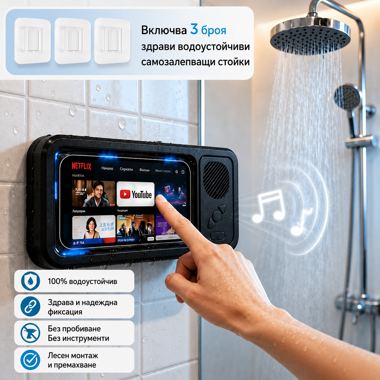 Водоустойчива Стойка за Телефон за Баня с Bluetooth, Високоговорител и 360° Регулиране