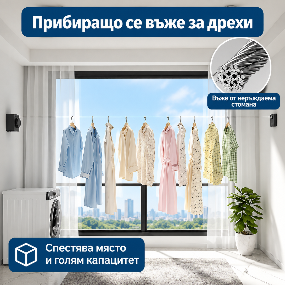 Автоматичен Стенен Простор за Дрехи с Прибиращо се Въже