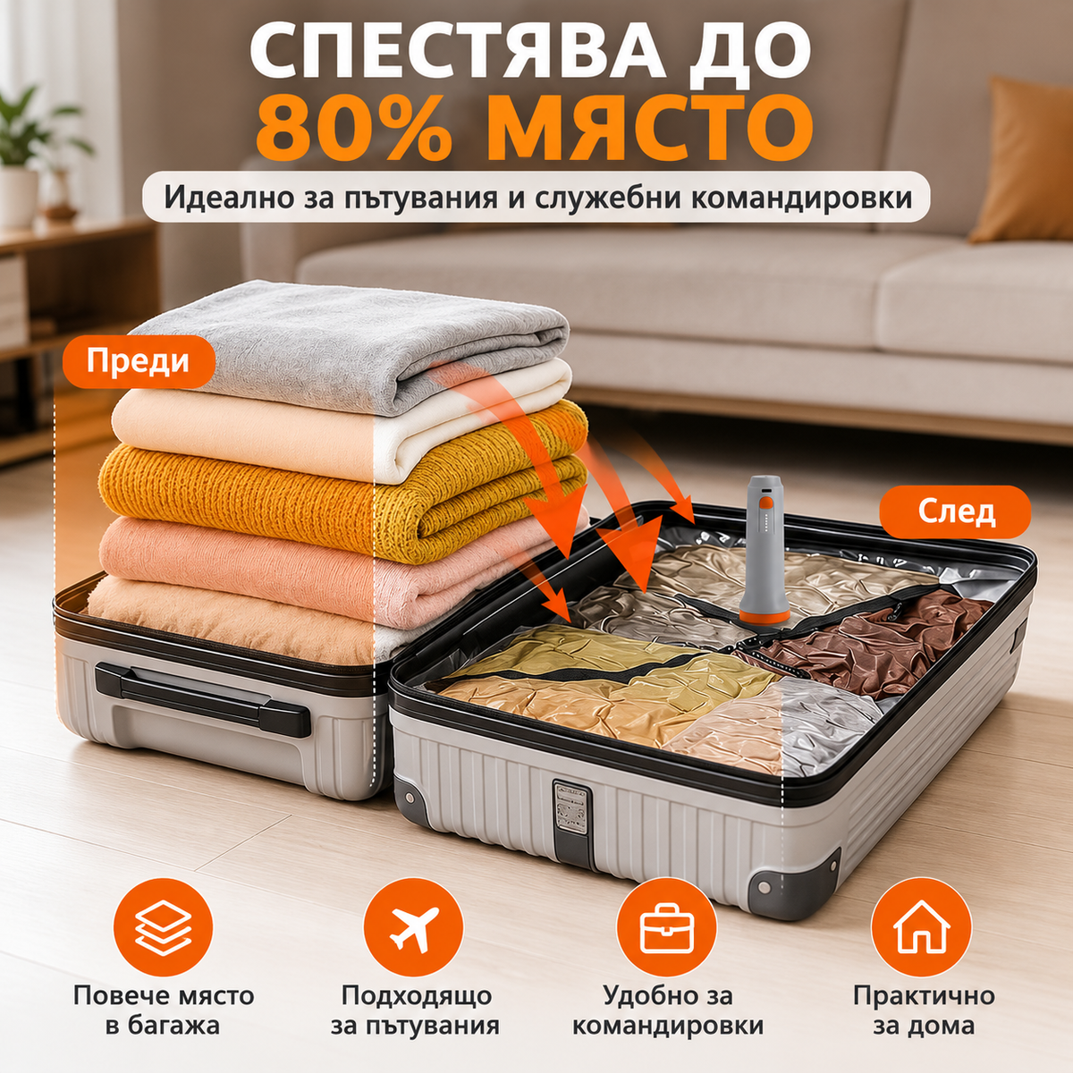 Безжична Електрическа Вакуумна Помпа 4600 Pa за Вакуумни Торби – 1500 mAh