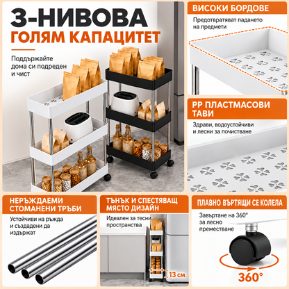 Подвижна Етажерка на Колелца с 3 нива