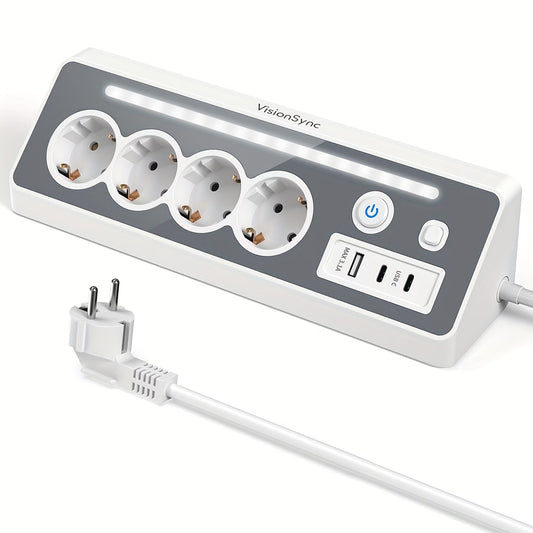 Ъглов Разклонител с LED светлина, 4 контакта и 2 USB-C порта с бързо зареждане