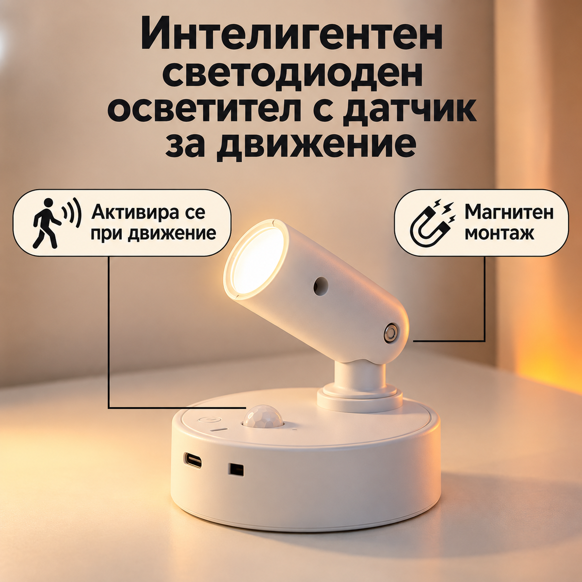 Магнитна LED Стенна Лампа със Сензор за Движение