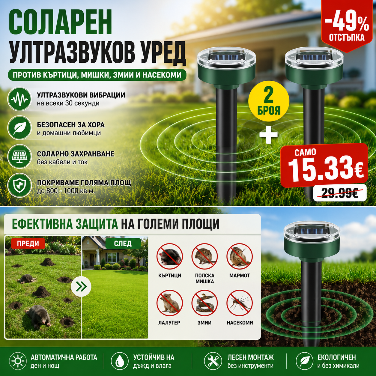 1+1 Соларен Ултразвуков Уред против гризачи, мишки, змии, насекоми