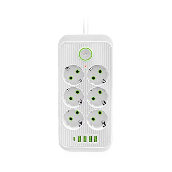 Разклонител 220V с 6 гнезда, 4 USB порта + 2 порта Type C