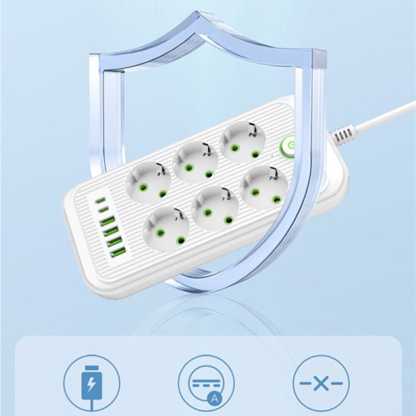 Разклонител 220V с 6 гнезда, 4 USB порта + 2 порта Type C