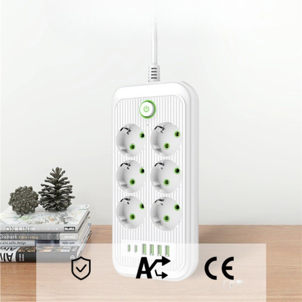 Разклонител 220V с 6 гнезда, 4 USB порта + 2 порта Type C