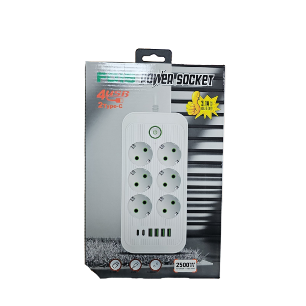 Разклонител 220V с 6 гнезда, 4 USB порта + 2 порта Type C